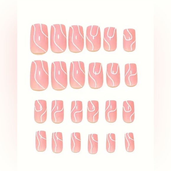Medium Length Square Tipped Pink & White Design, Press On Nails Kit, NIB - Picture 3 of 4